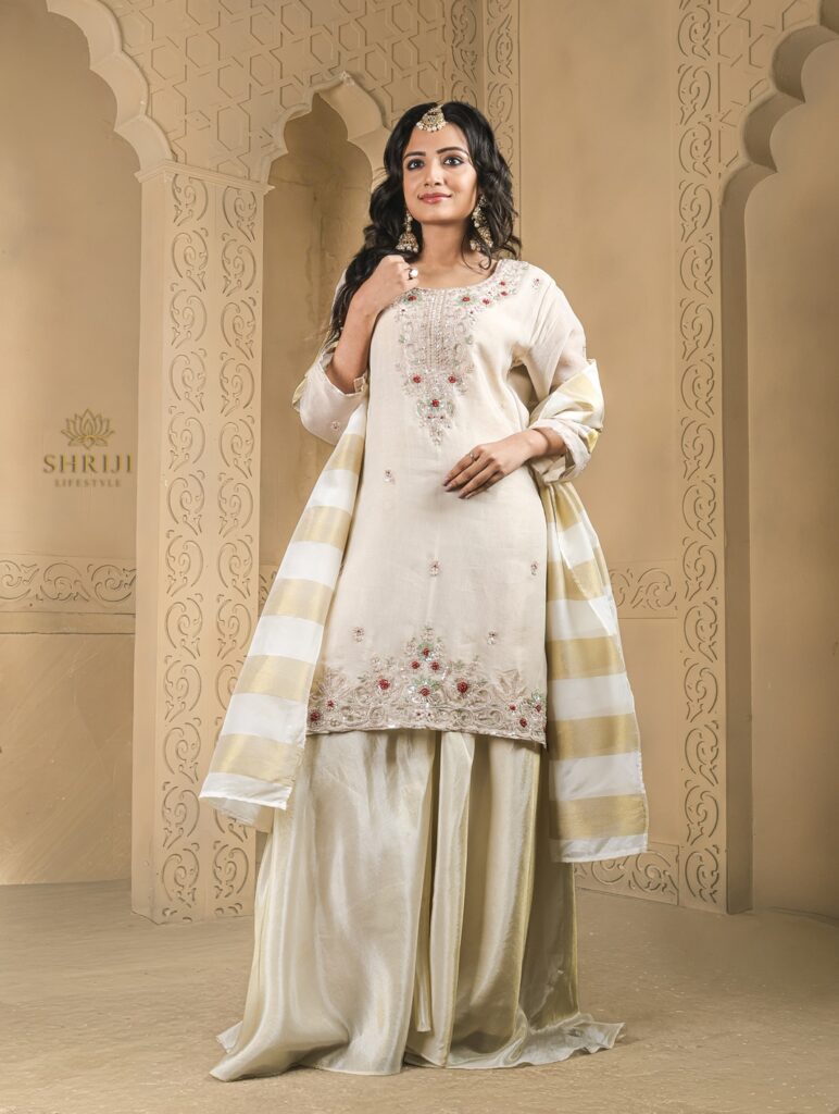 beige tissue suit set with dupatta