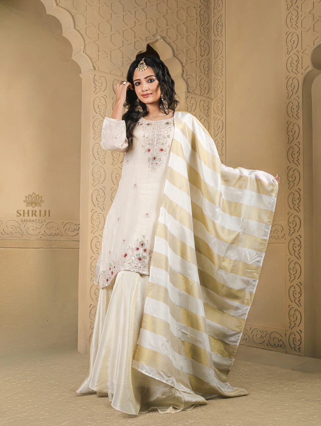 beige tissue suit set with dupatta