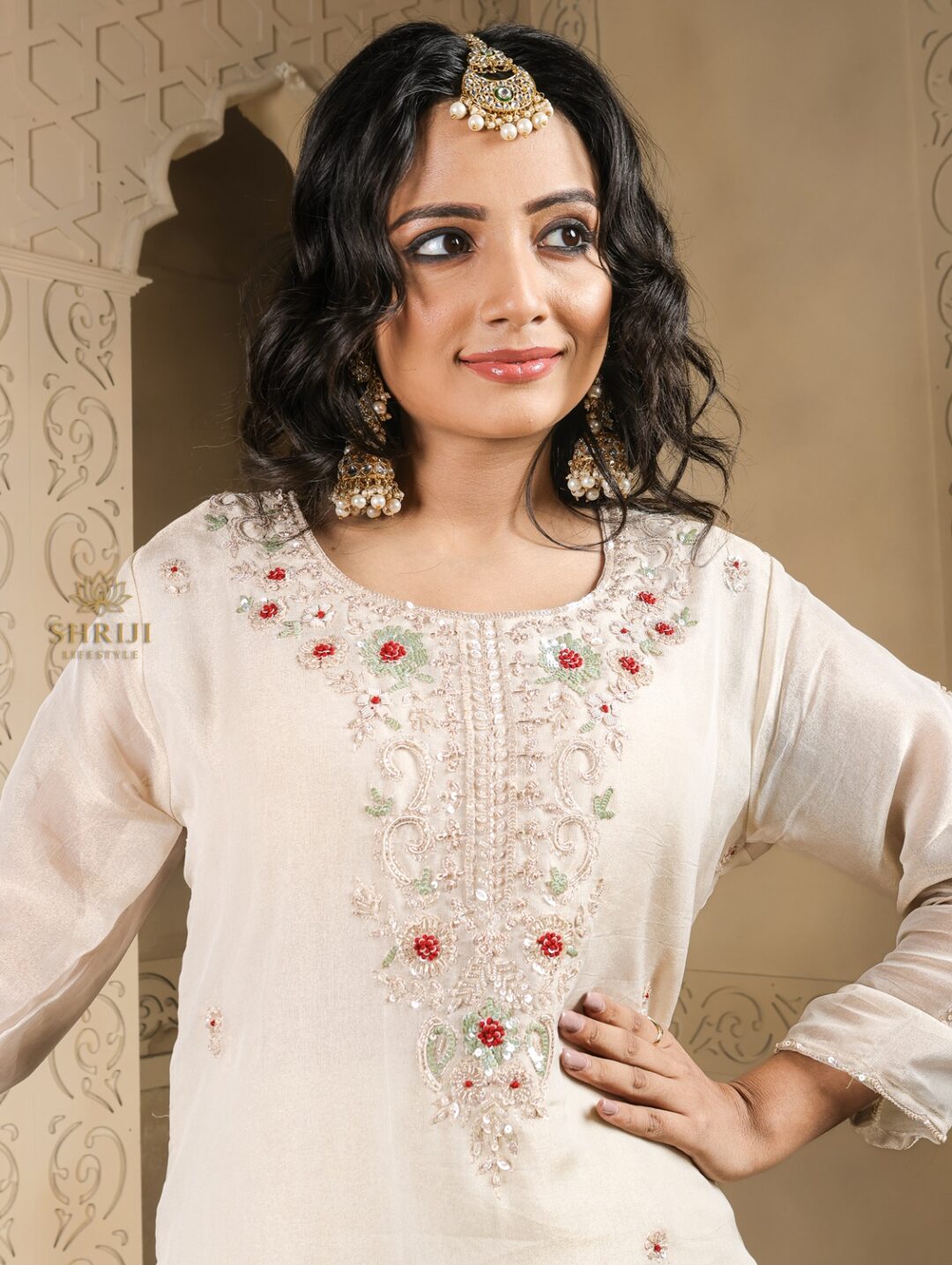 beige tissue suit set with dupatta