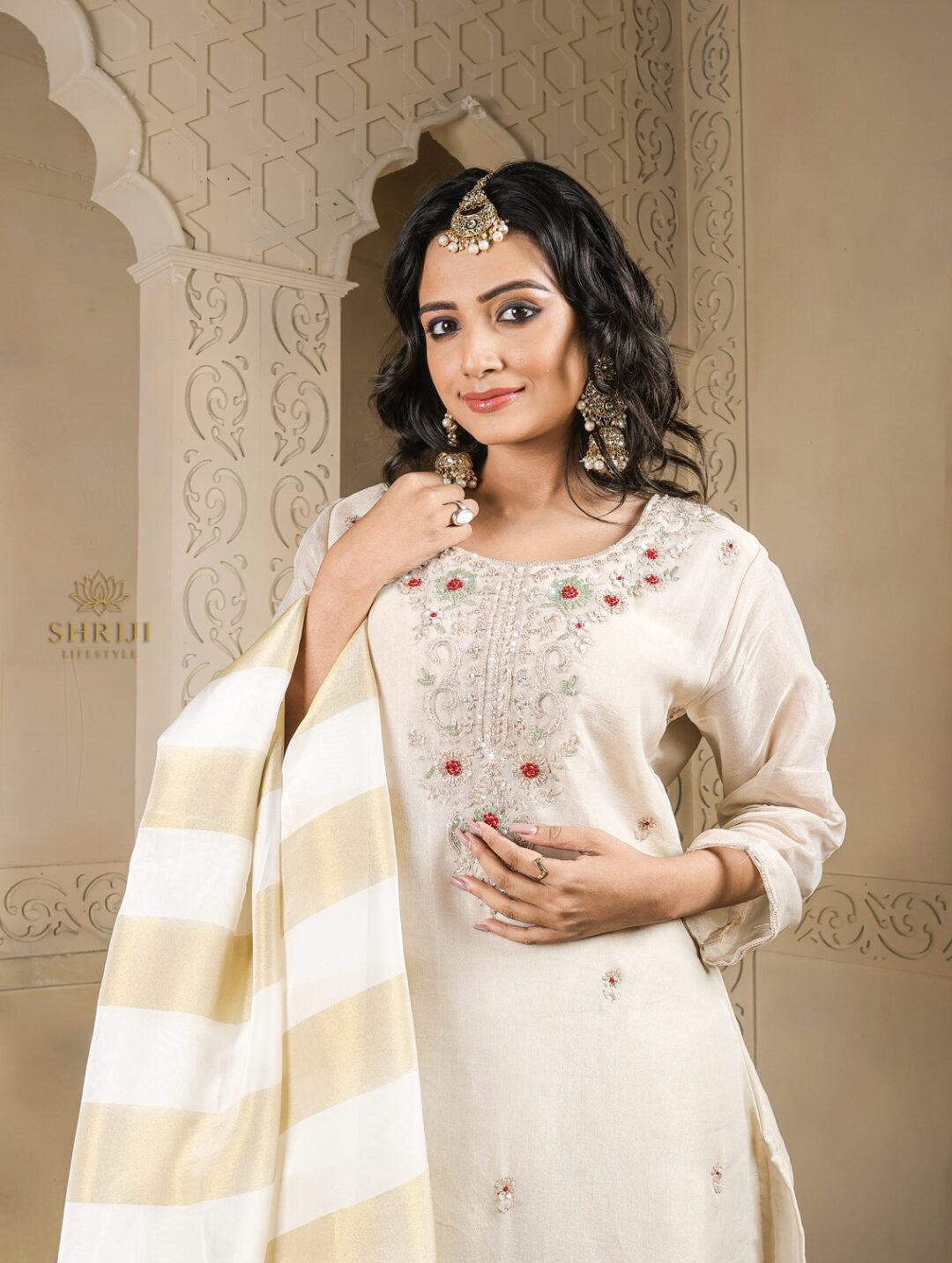 beige tissue suit set with dupatta