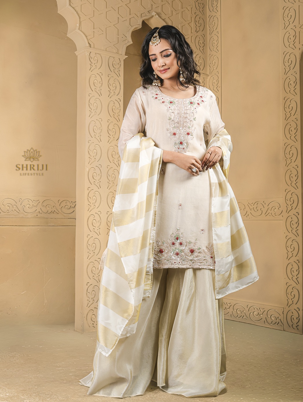 beige tissue suit set with dupatta