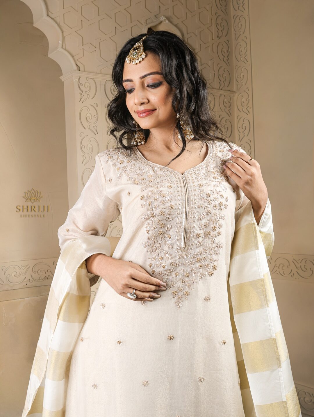 beige tissue plazoo short kurta set with dupatta