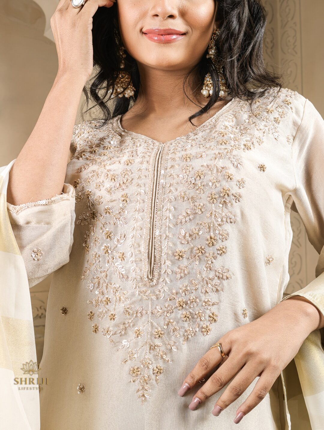 beige tissue plazoo short kurta set with dupatta