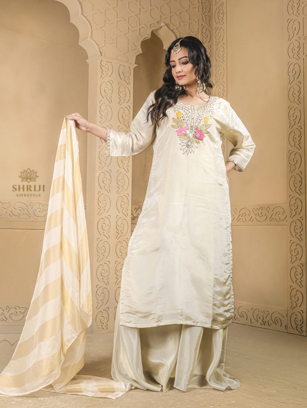 beige tissue plazoo long kurta set with dupatta