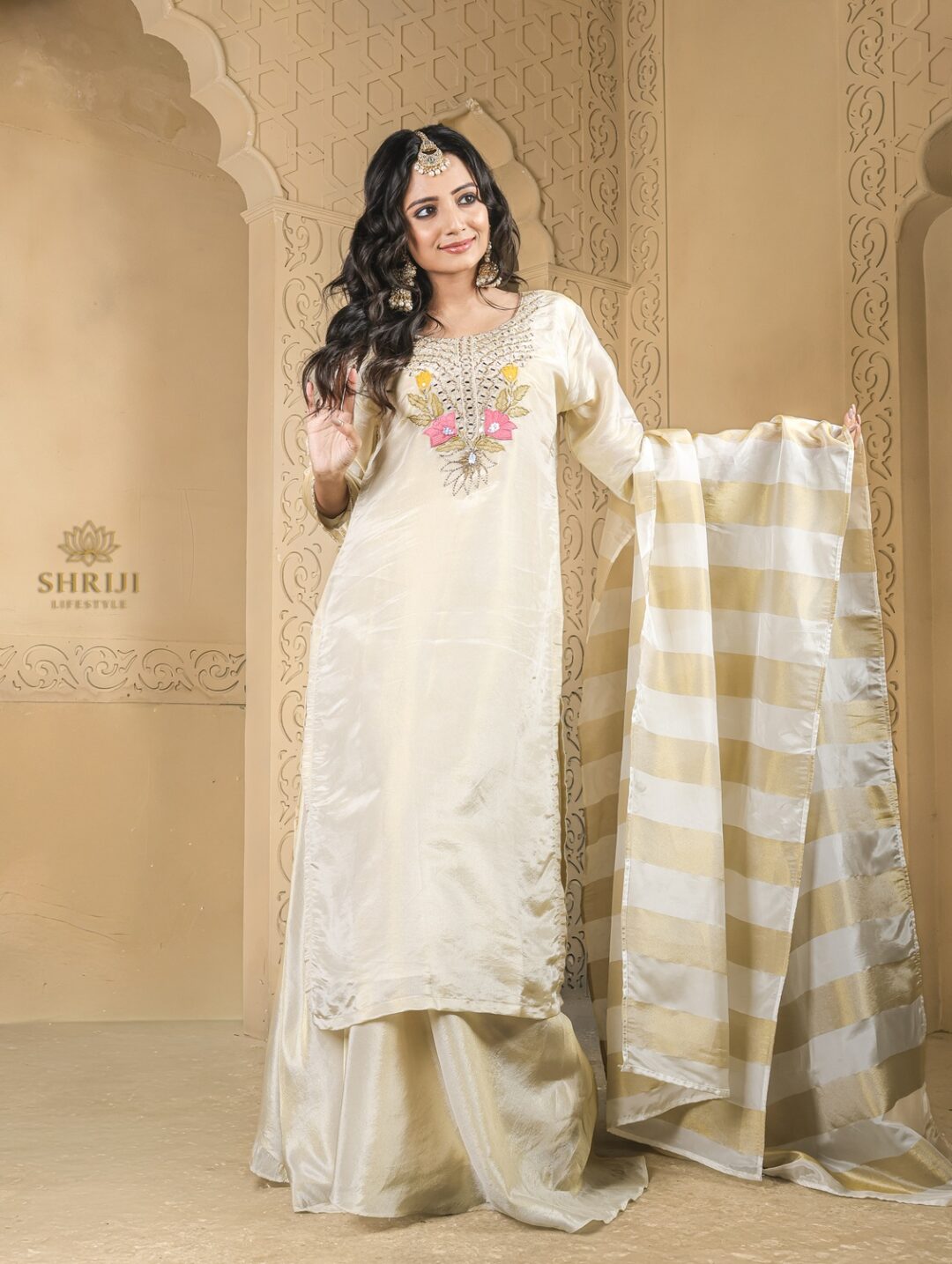 beige tissue plazoo long kurta set with dupatta