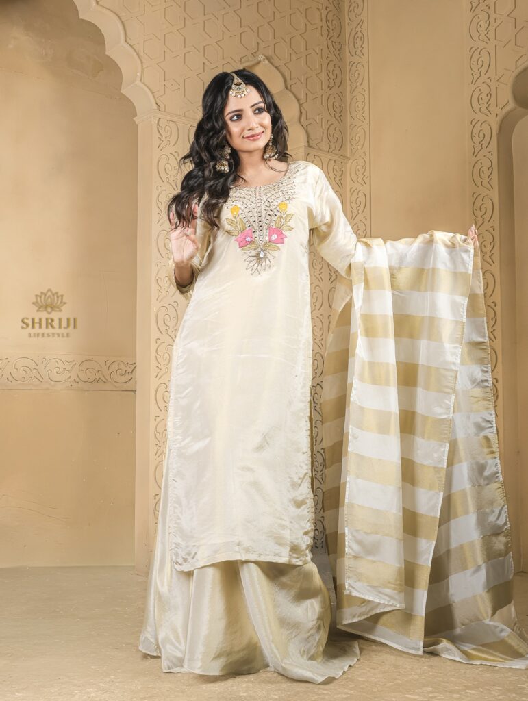 beige tissue plazoo long kurta set with dupatta