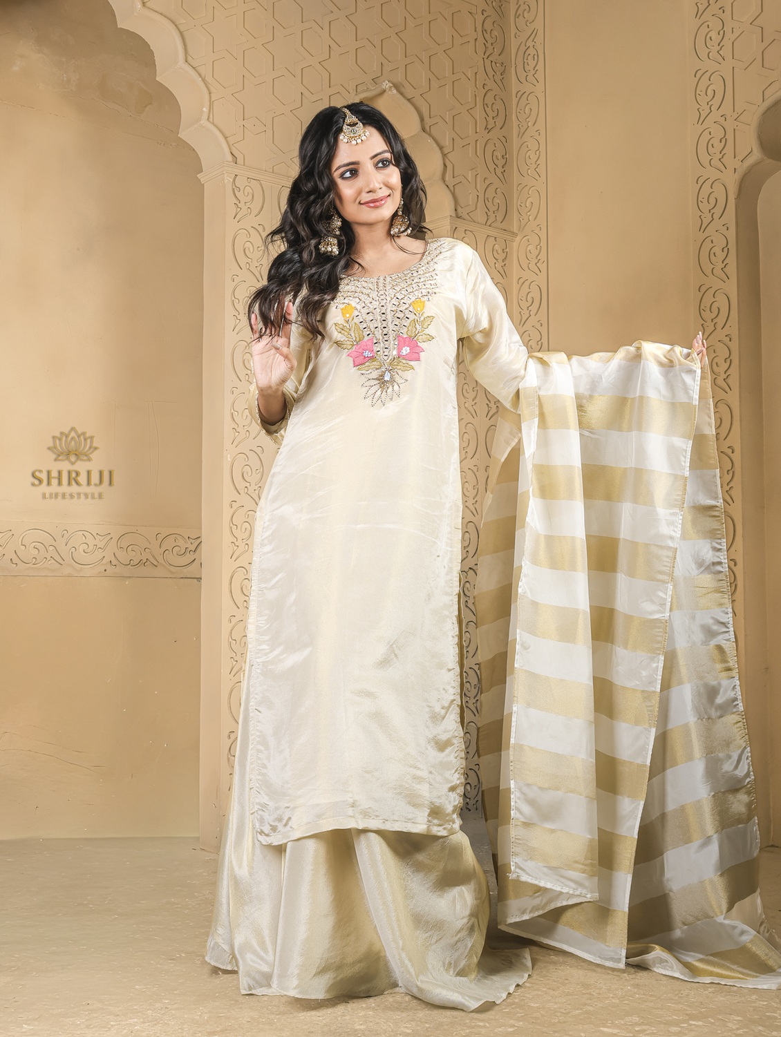 beige tissue plazoo long kurta set with dupatta