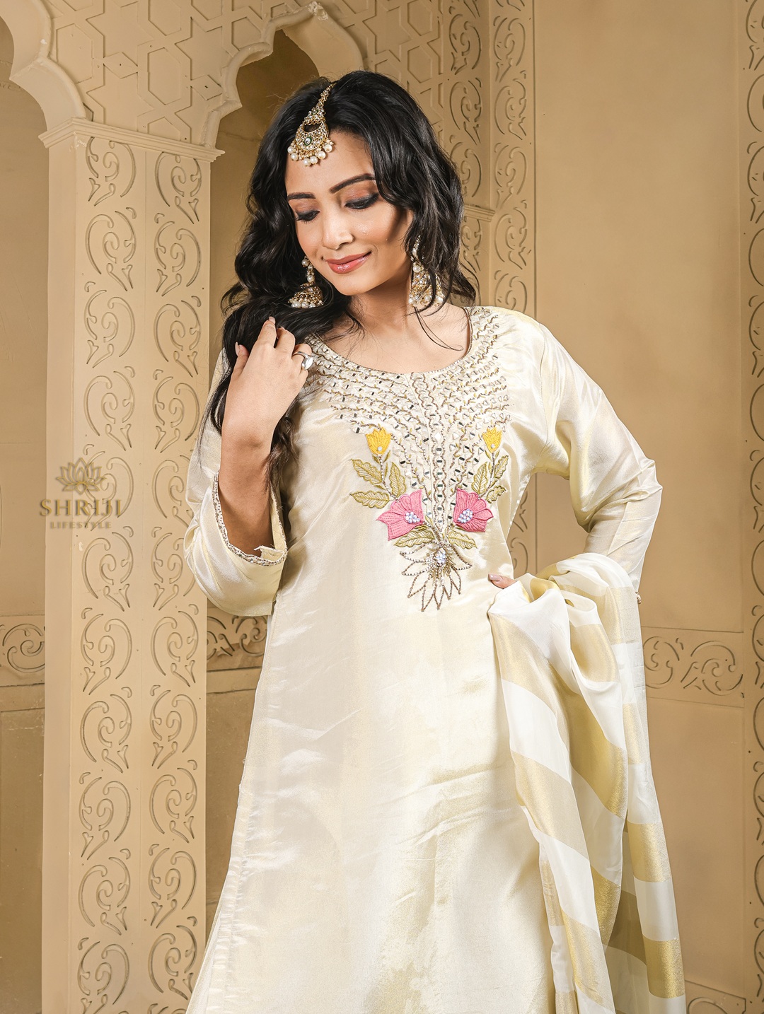 beige tissue plazoo long kurta set with dupatta