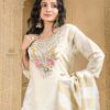 beige tissue plazoo long kurta set with dupatta