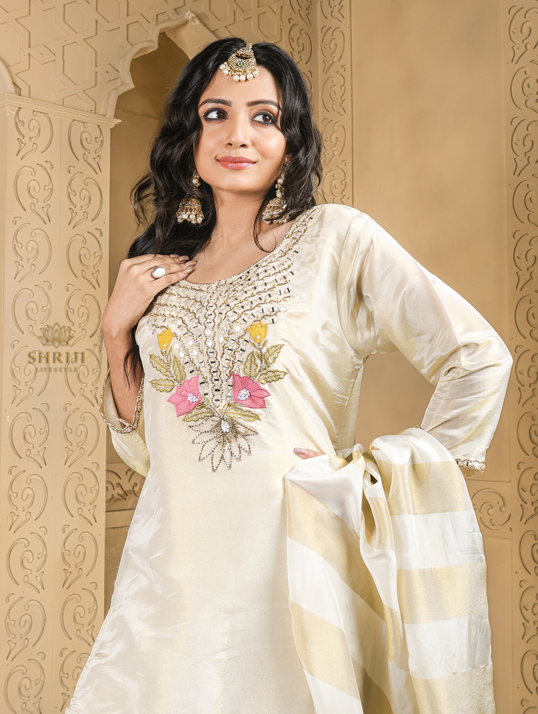 beige tissue plazoo long kurta set with dupatta