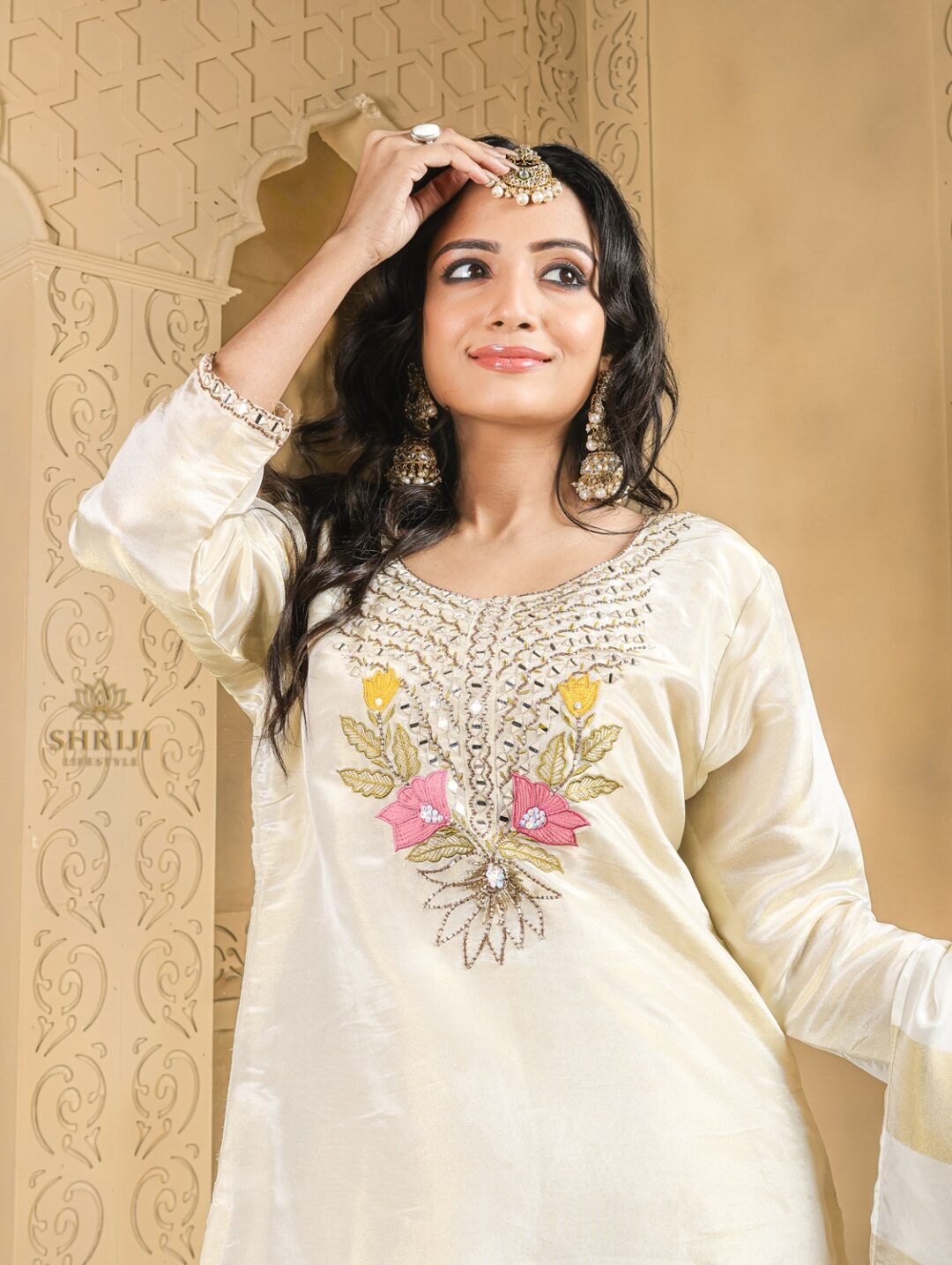 beige tissue plazoo long kurta set with dupatta
