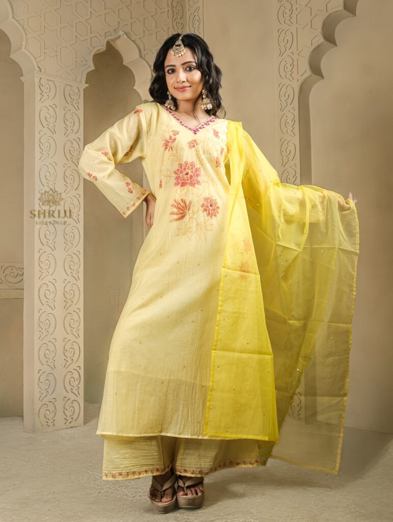 yellow maslin plazoo set with dupatta