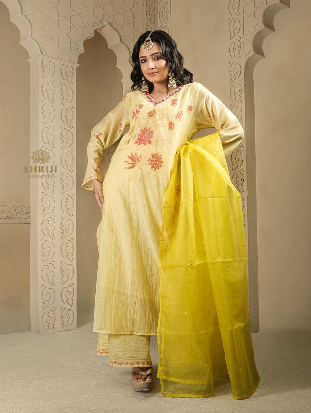 yellow maslin plazoo set with dupatta
