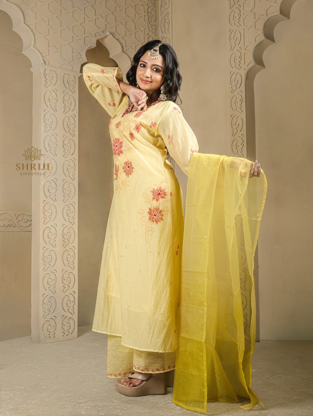 yellow maslin plazoo set with dupatta