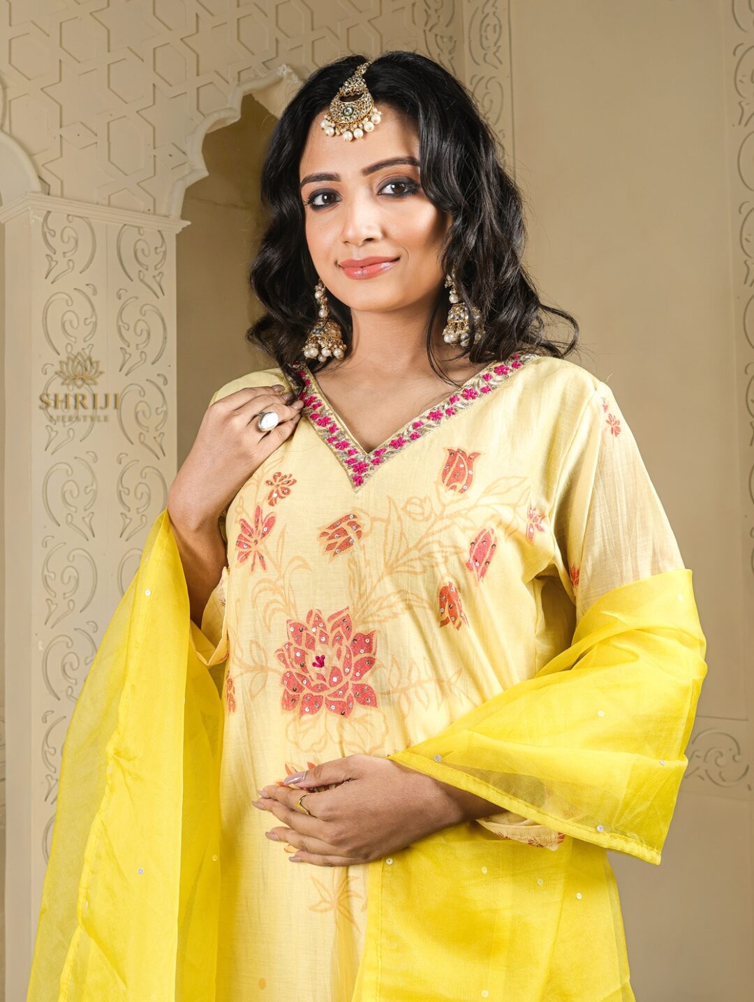 yellow maslin plazoo set with dupatta