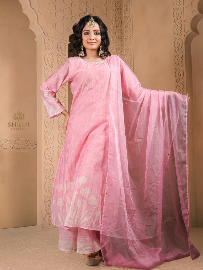pink maslin plazoo set with dupatta