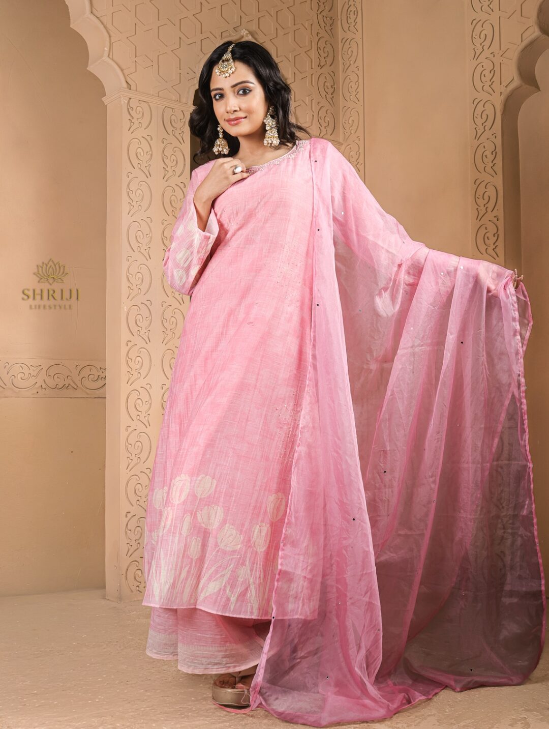 pink maslin plazoo set with dupatta