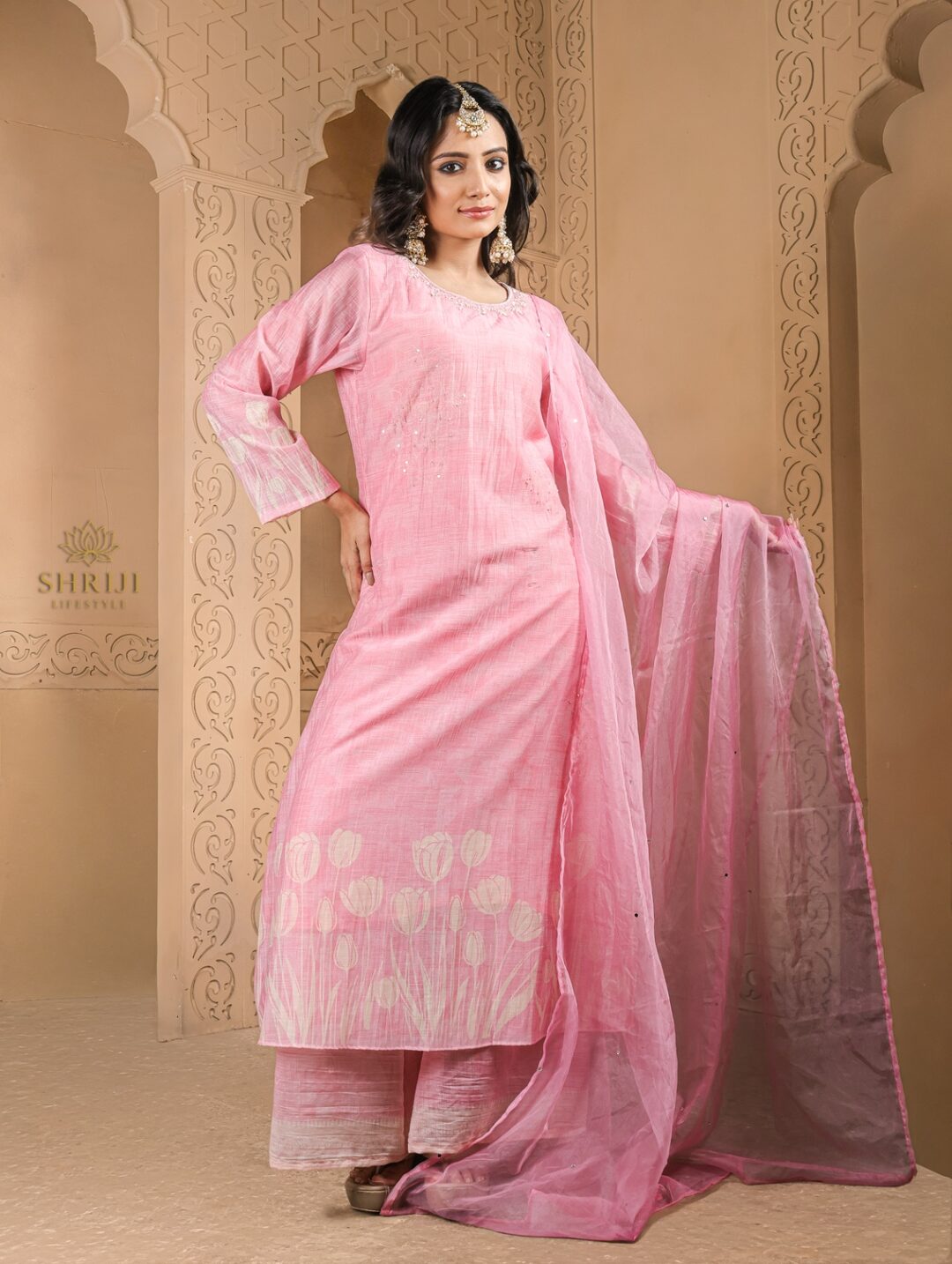 pink maslin plazoo set with dupatta