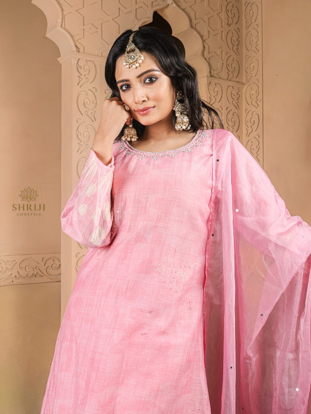 pink maslin plazoo set with dupatta