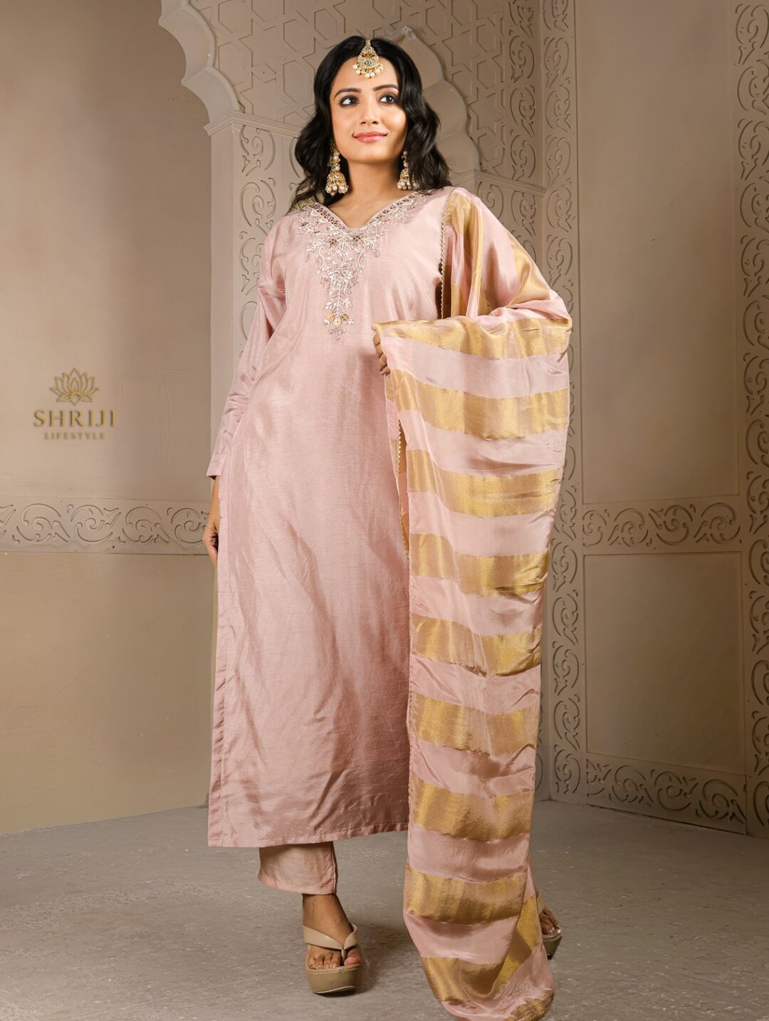 peach roman suit set with dupatta