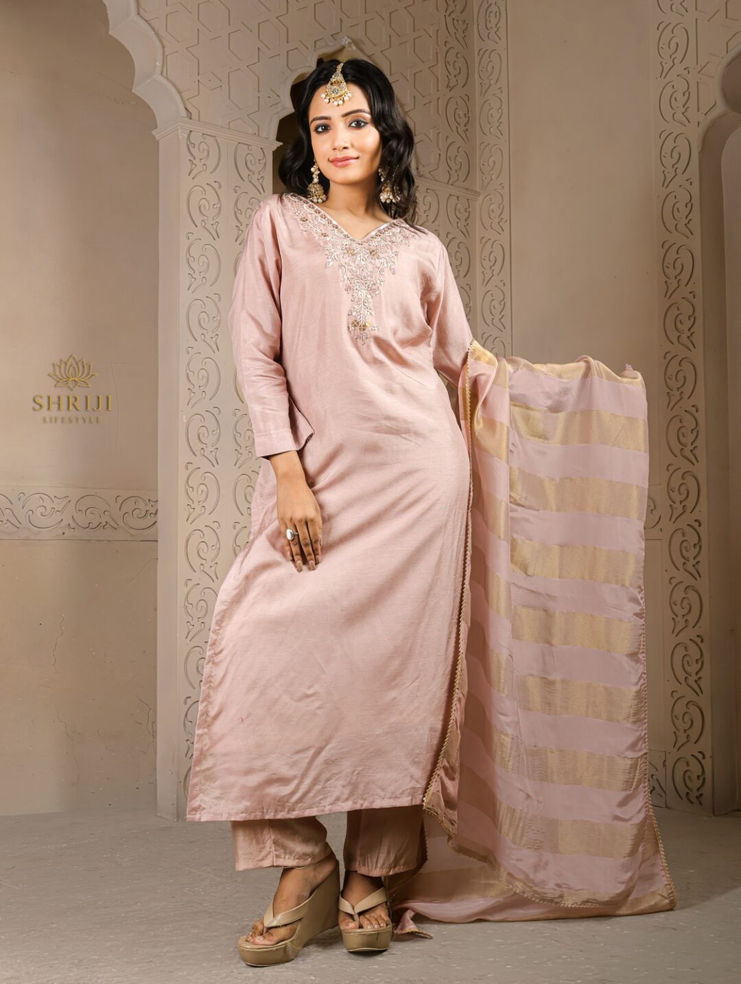 peach roman suit set with dupatta