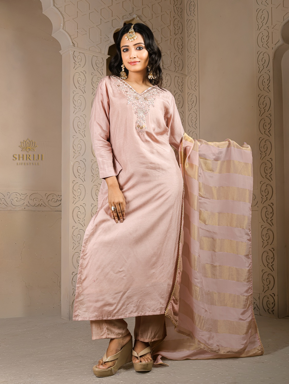 peach roman suit set with dupatta