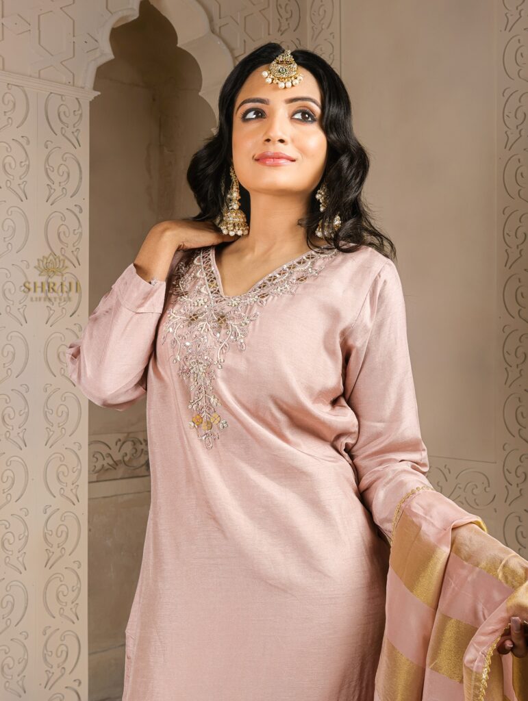 peach roman suit set with dupatta