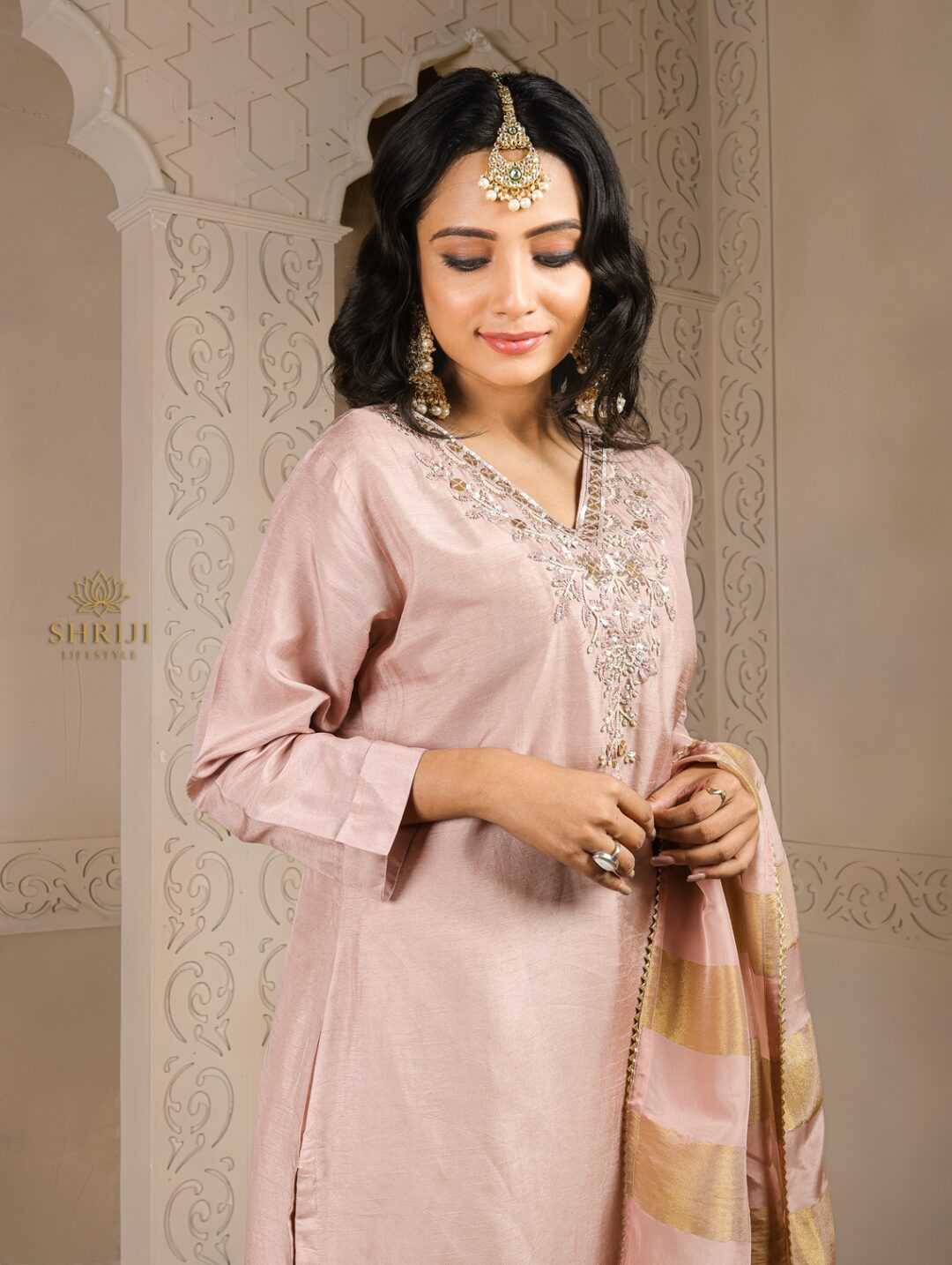 peach roman suit set with dupatta