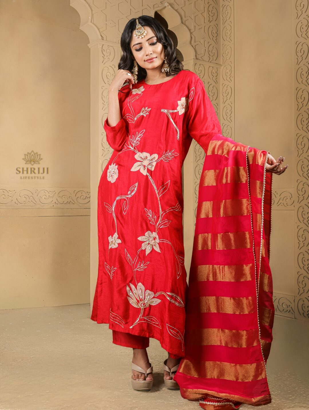 red dola silk suilt set with dupatta