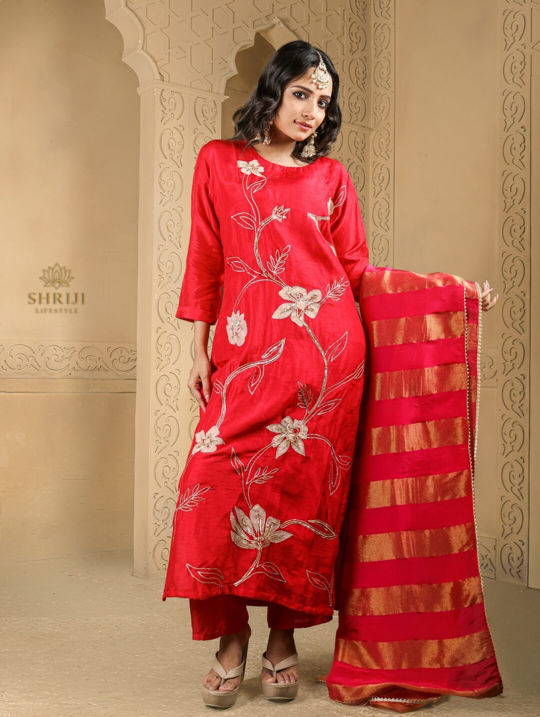 red dola silk suilt set with dupatta