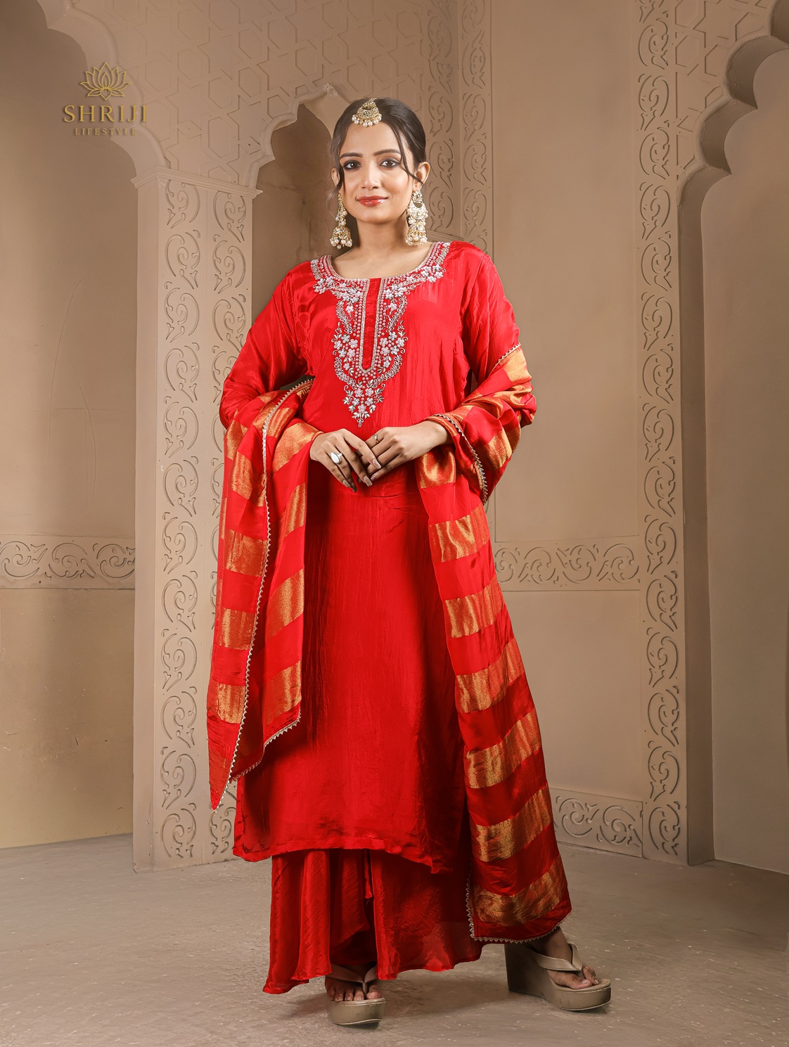 red suit set with dupatta