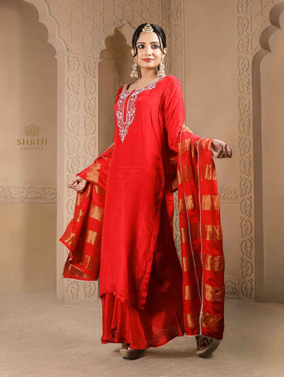 red suit set with dupatta