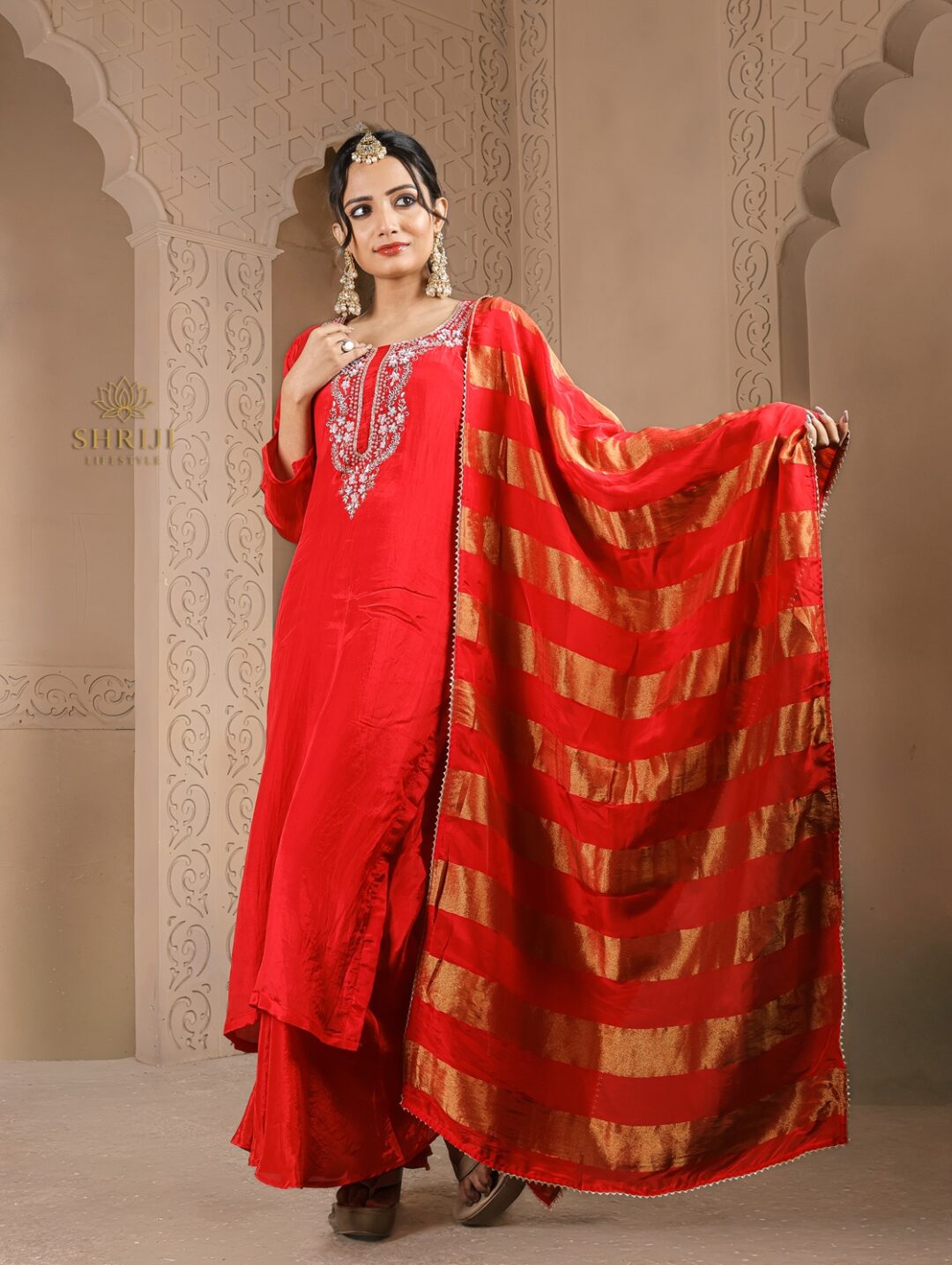 red suit set with dupatta