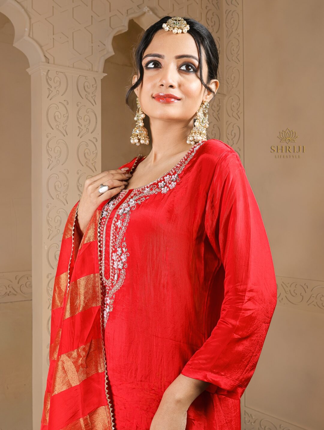 red suit set with dupatta