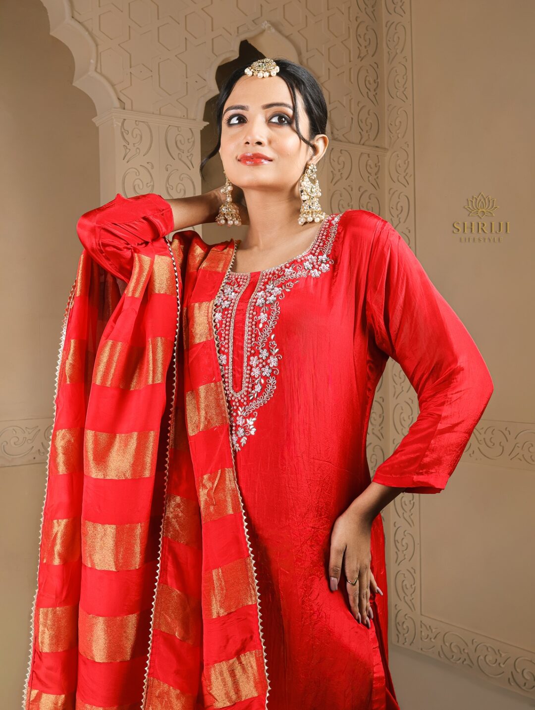 red suit set with dupatta