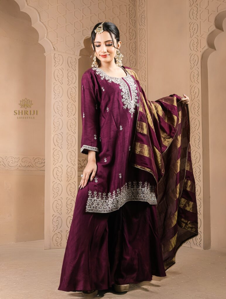 purple dola silk plazoo set with dupatta
