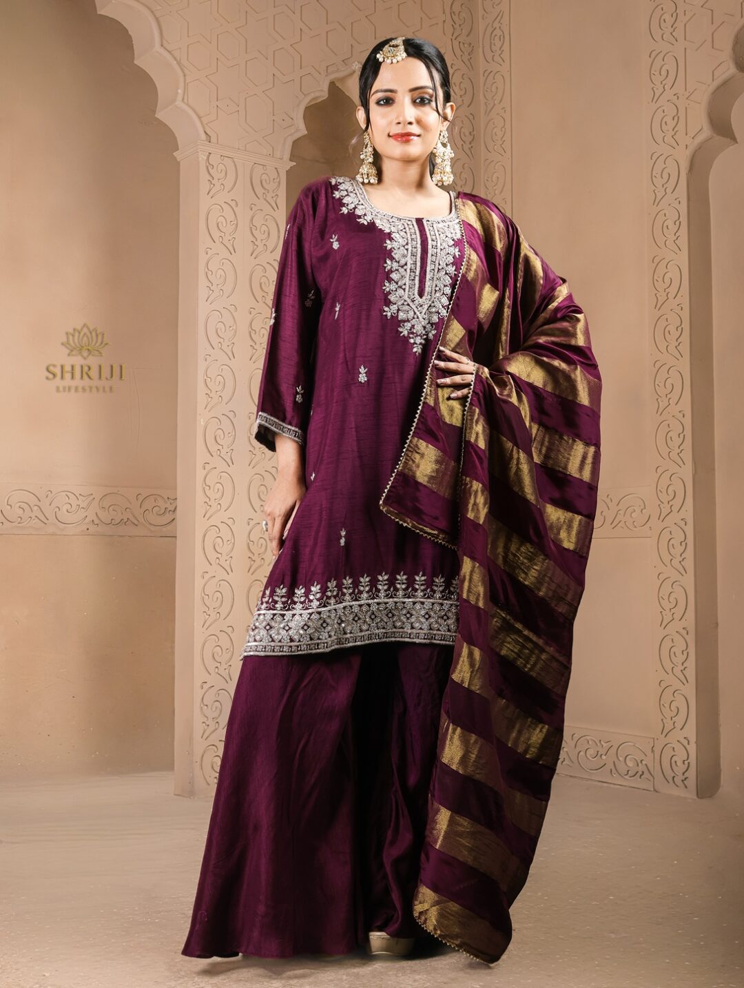 purple dola silk plazoo set with dupatta