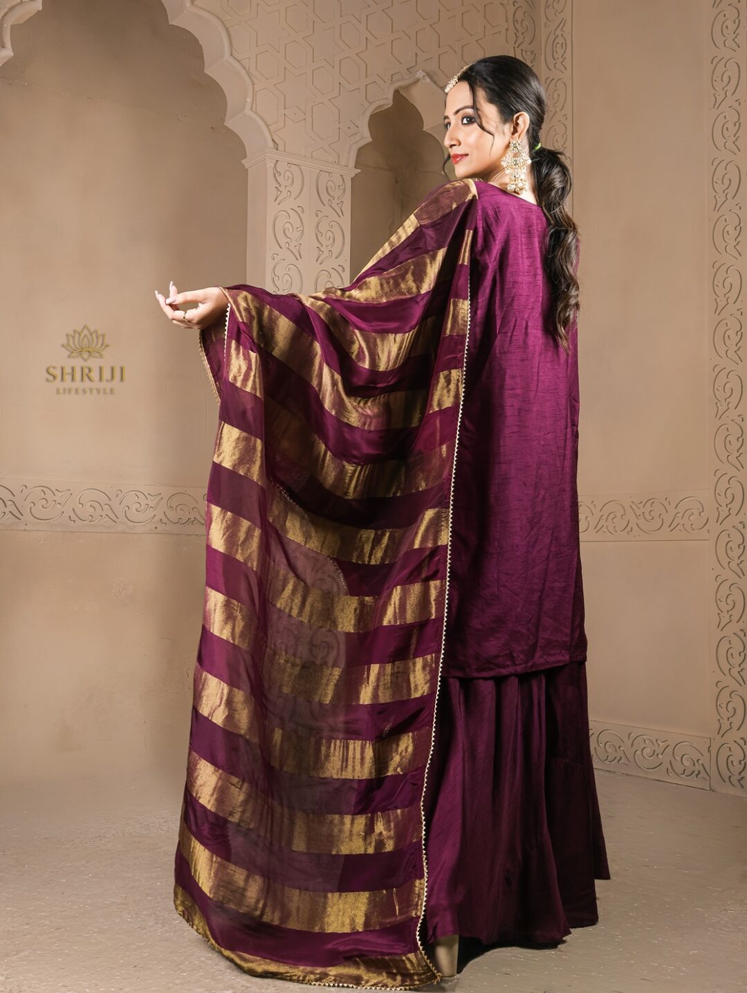 purple dola silk plazoo set with dupatta