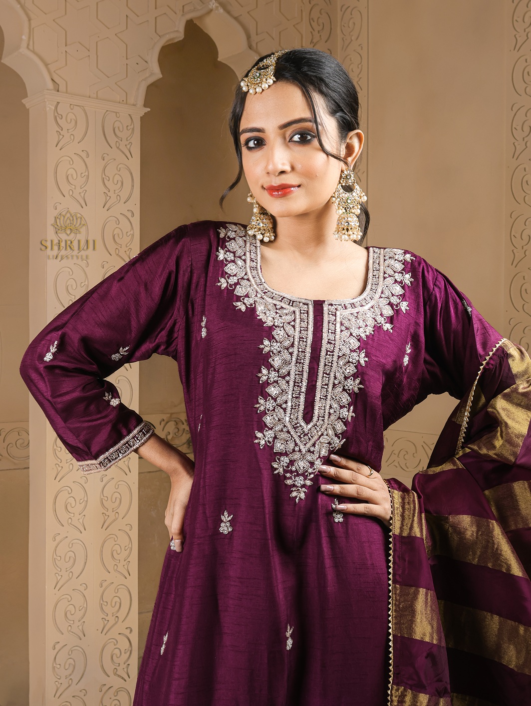 purple dola silk plazoo set with dupatta