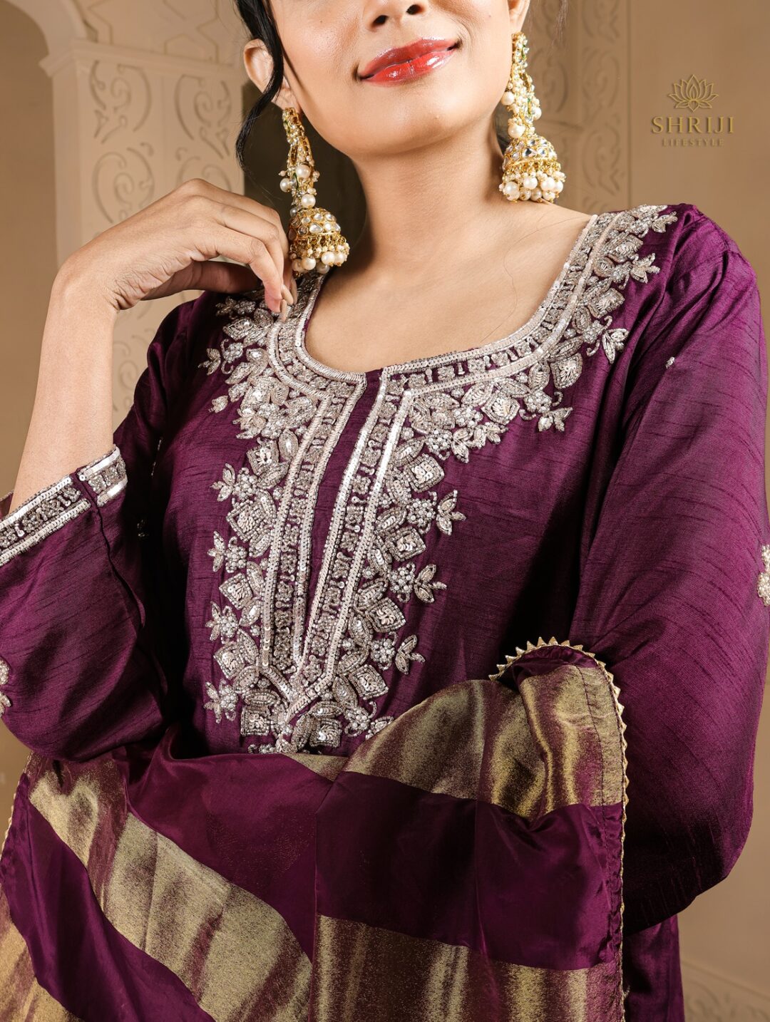 purple dola silk plazoo set with dupatta