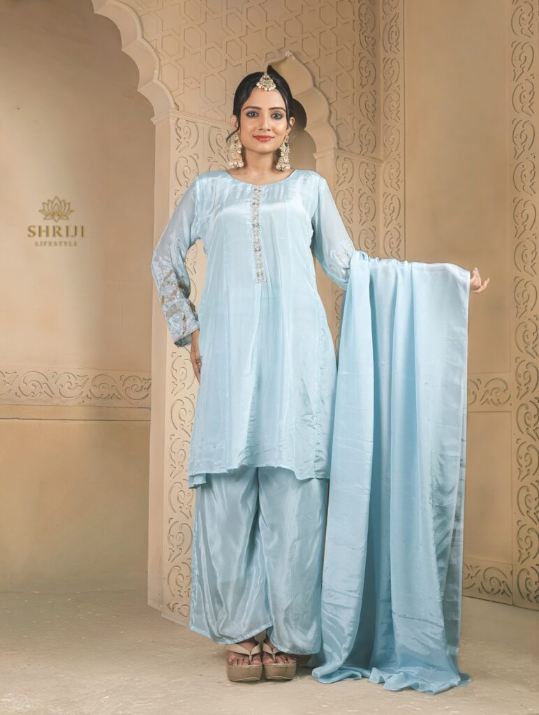 light blue chinon kurta set with dupatta