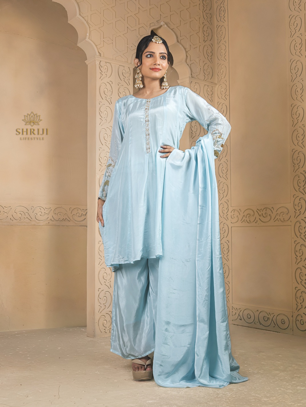 light blue chinon kurta set with dupatta