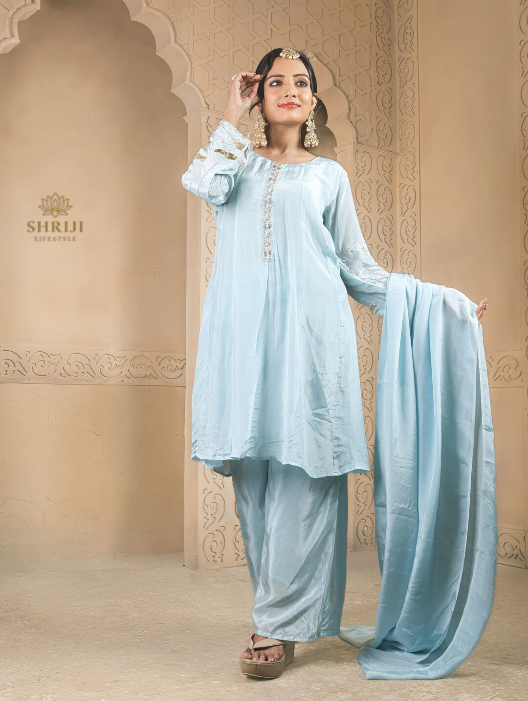 light blue chinon kurta set with dupatta