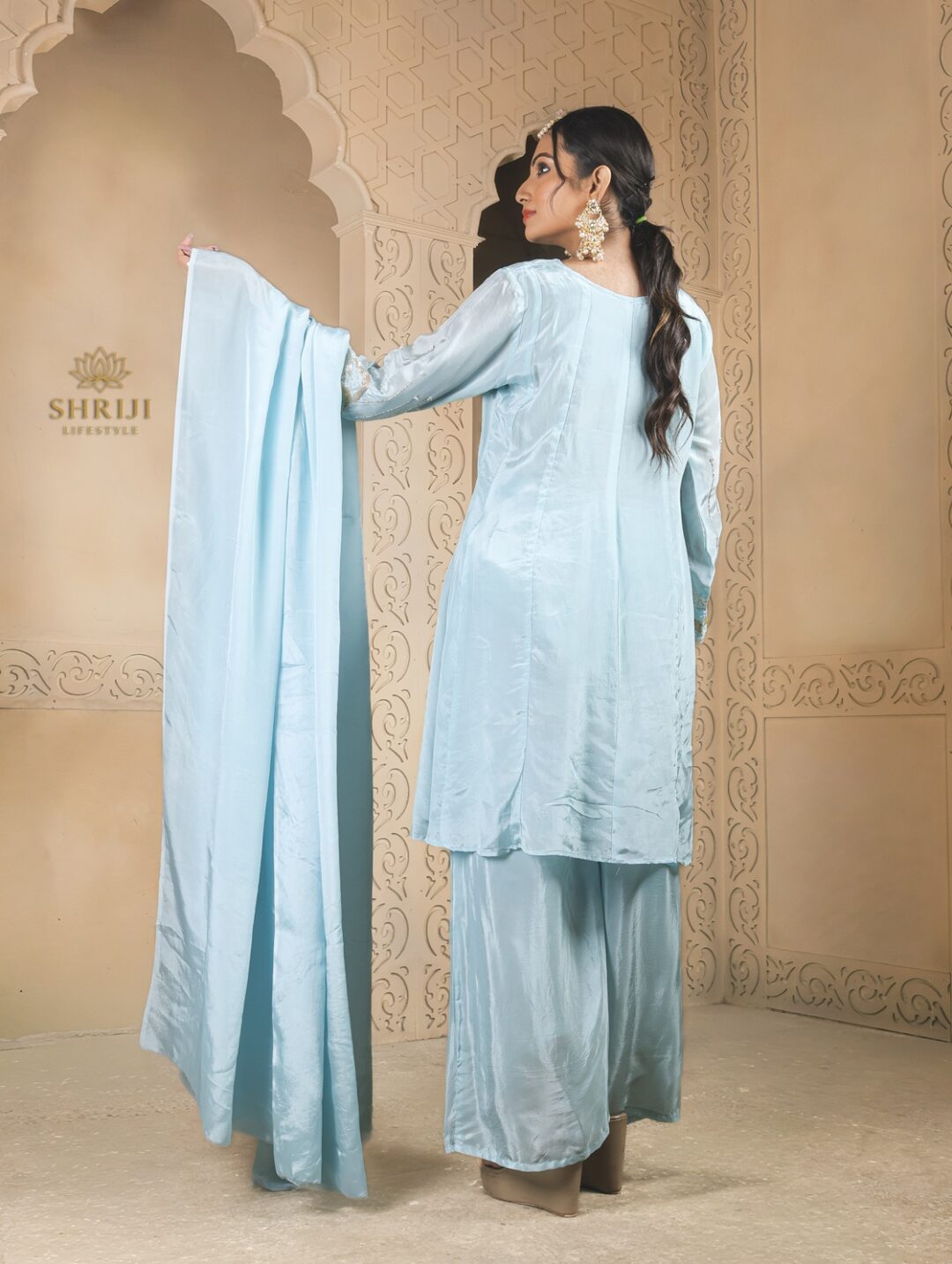 light blue chinon kurta set with dupatta