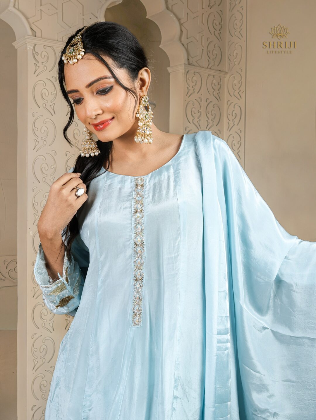 light blue chinon kurta set with dupatta