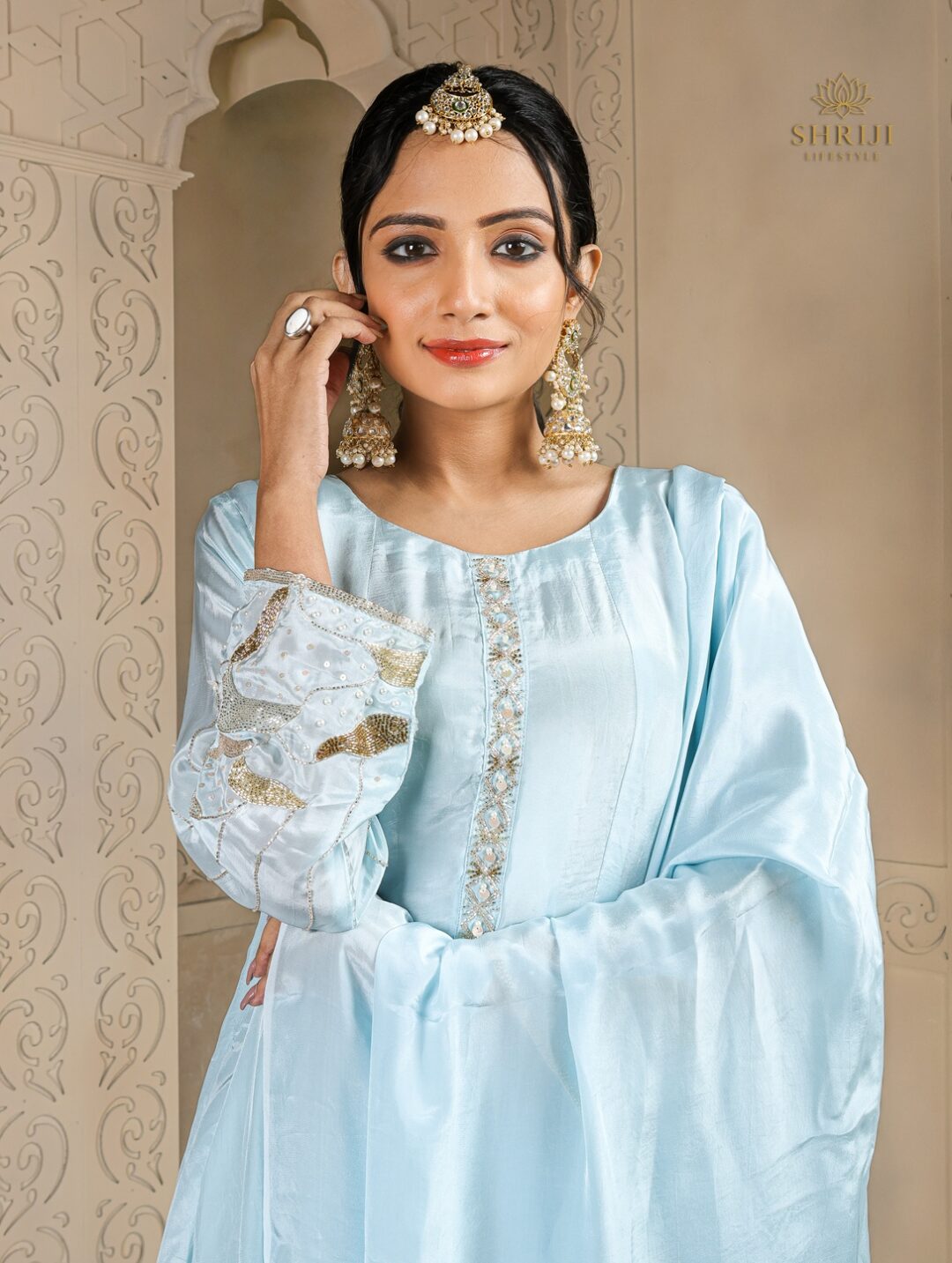 light blue chinon kurta set with dupatta