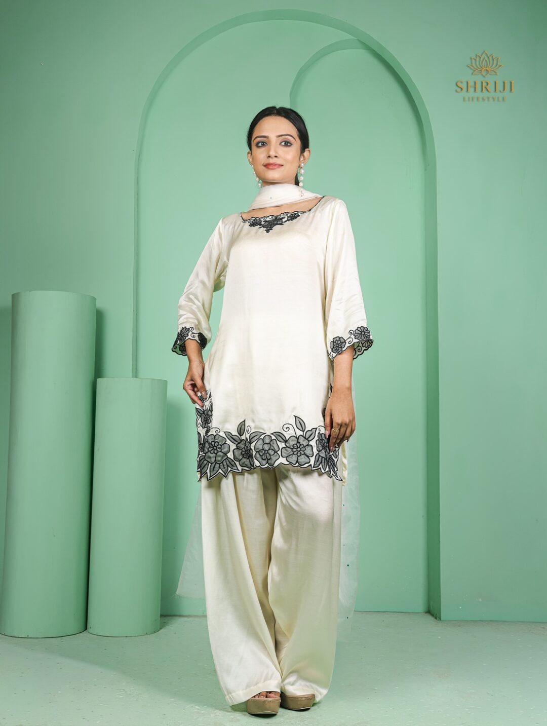 white crepe farshi salwar set with dupatta