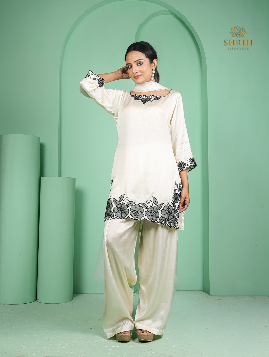 white crepe farshi salwar set with dupatta