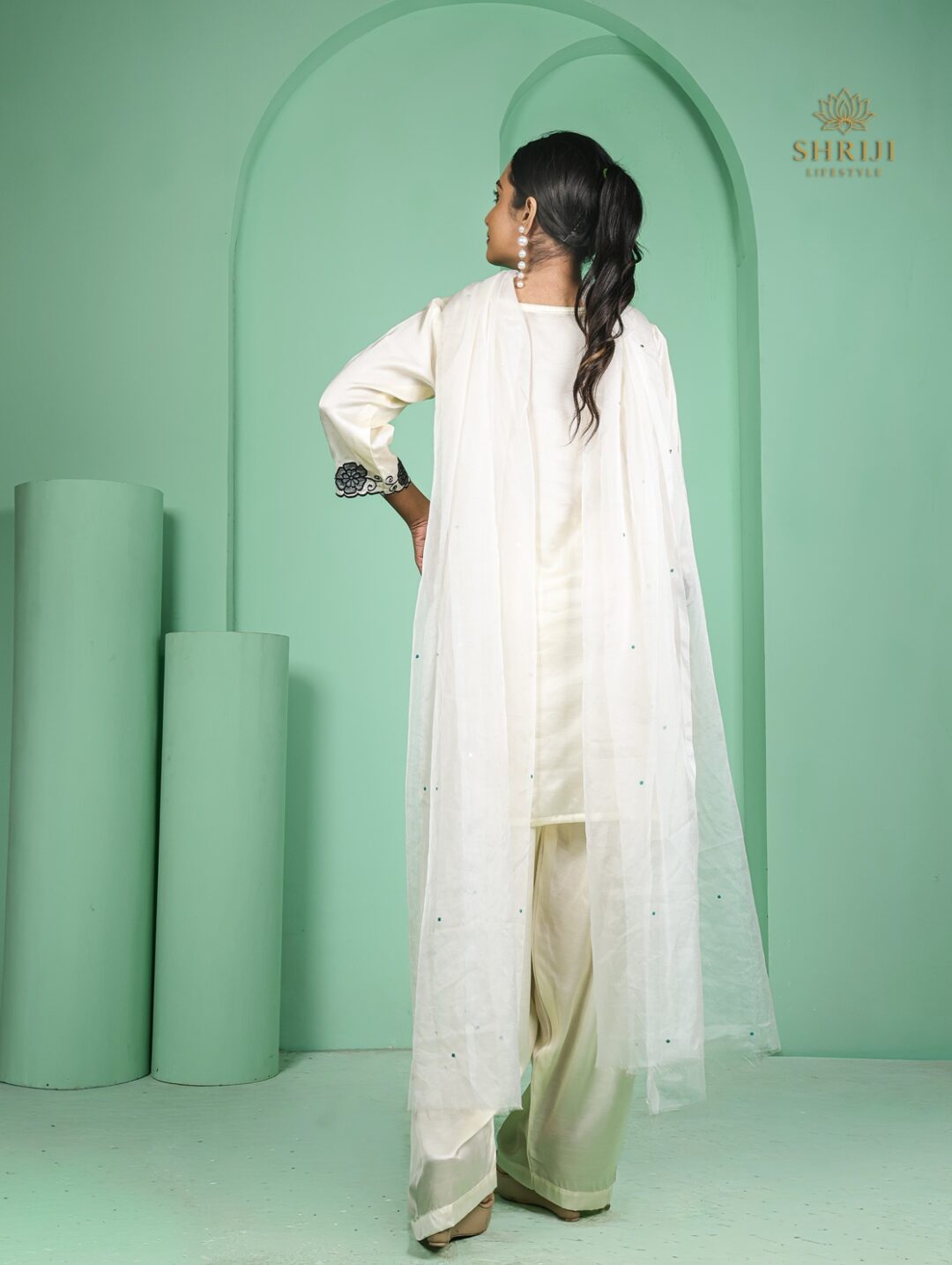 white crepe farshi salwar set with dupatta