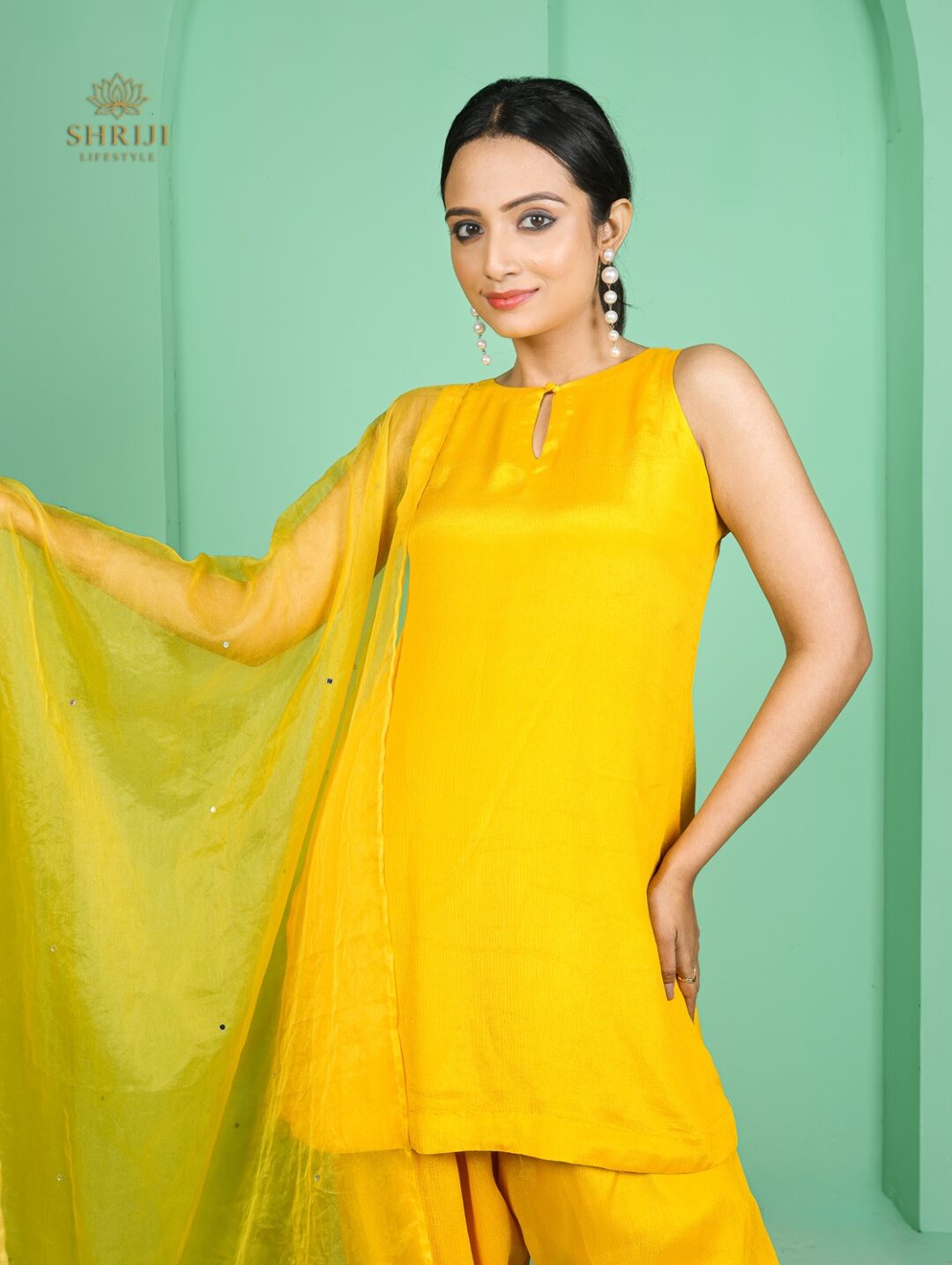 yellow chinon top plazoo set with dupatta